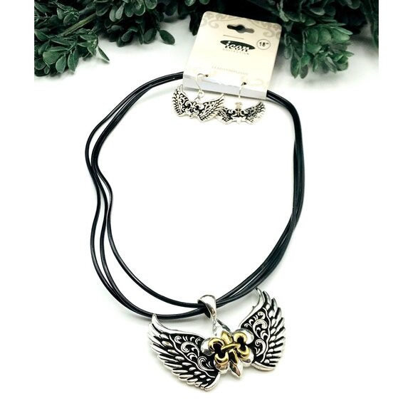Winged Pendant Necklace & Earring Set With Black Cord & Fleur-De-Lis Design Lead - Picture 1 of 5